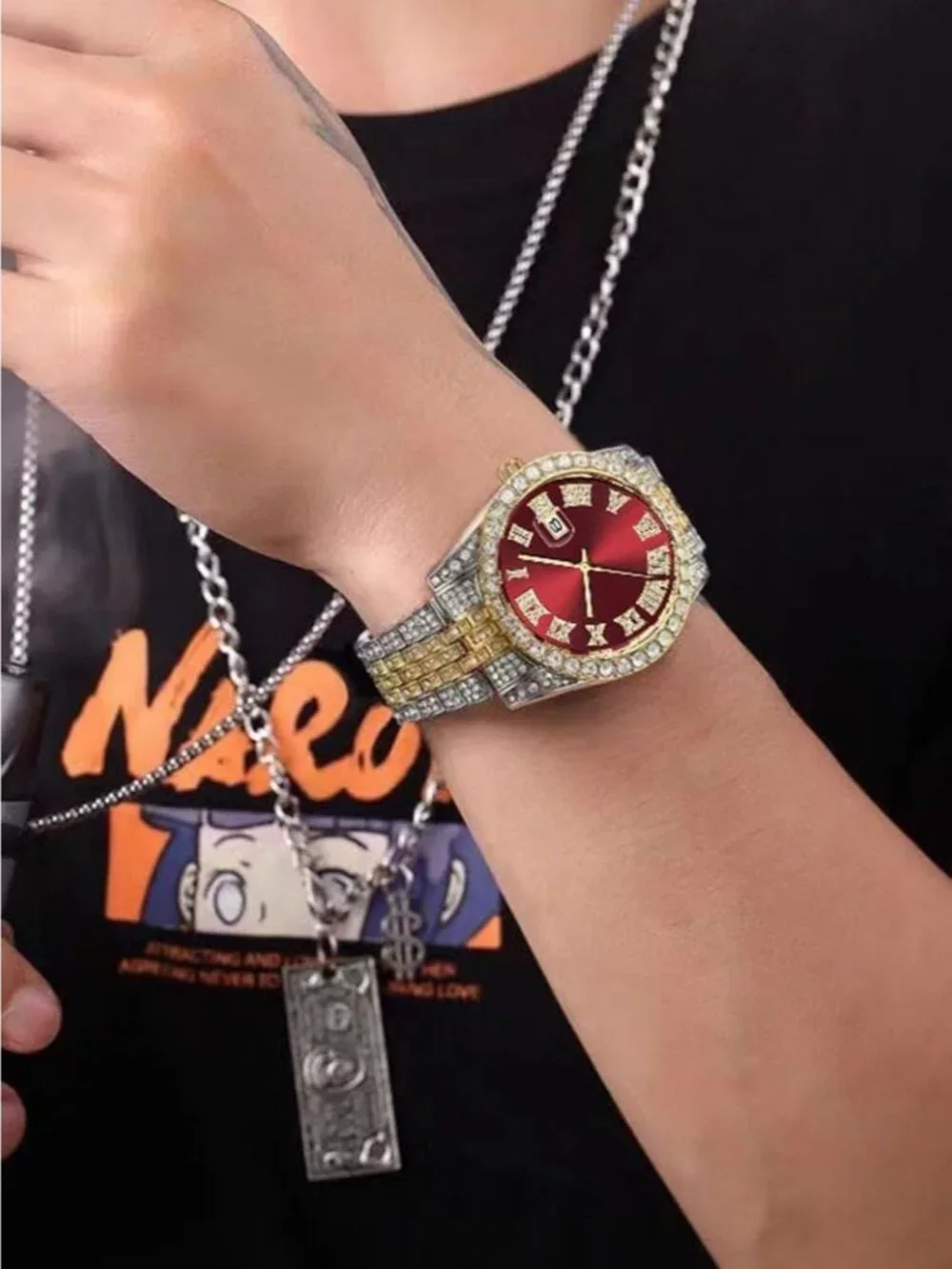 Men's Silver Red Analog Gold Crystal Rhinestone Diamond Iced-Out Bracelet Watch